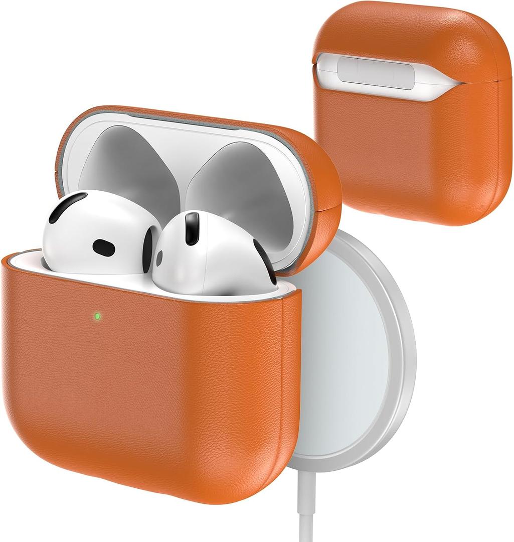 Genuine Leather Case for AirPods 4 (2025 Model), 100% Handmade Vintage Genuine Leather AirPods 4 Case Support Wireless Charging, 360 Full Shockproof Protective Cover Compatible with AirPods 4