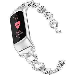 Wearlizer Compatible with Fitbit Charge 5 Bands, Adjustable Premium Metal Straps Bling Bracelet Dressy Wristbands Cute Accessories Replacement for Charge 5 Bands for Women, Silver