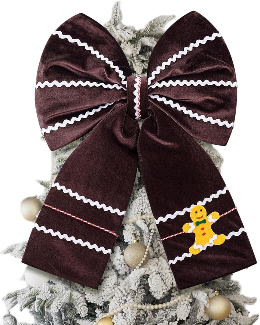 Civaner Extra Large Gingerbread Bow Christmas Tree Topper 16 x 22 Inches Christmas Velvet Bow for Wreath Xmas Tree Ornaments Decoration for Home Winter Holidays Indoor Outdoor Gift