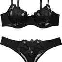 Lilosy Sexy Floral Embroidered Flower Mesh Underwire Push Up Lingerie Set (Black, L)