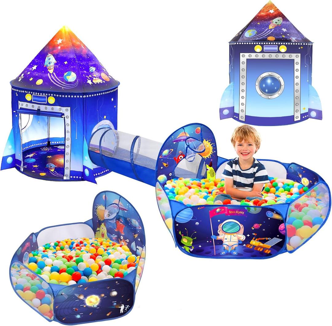 3 in 1 Rocket Ship Play Tent with Tunnel Ball Pit for Kids Space Themed Pop Up Playhouse Indoor Outdoor Astronaut Tent Set Toy Gift for Boys Girls Toddler Baby Child Games Birthday Party