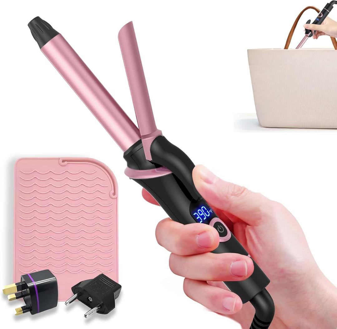 Mini Curling Iron for Short Hair Dual Voltage with European UK Plug Adapter 3/4 Inch Travel Size Small Barrel Curling Iron to Beachy Waves Curls with 30S Fast Heating, 5 Temps for Global