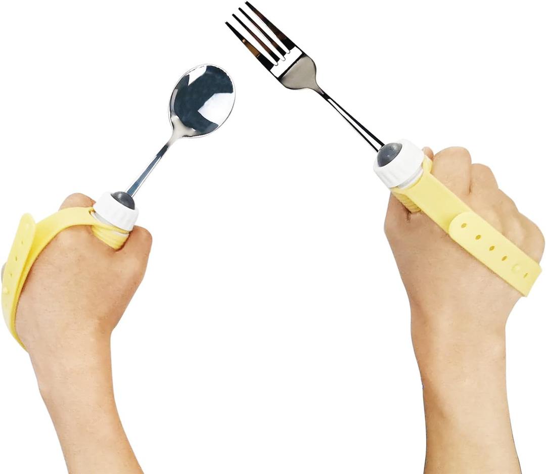 Adaptive Utensils Spoons Forks Set Weighted, Non-Slip Handles & rubber strap, for Hand Tremors & Muscle Weakness, Arthritis, Parkinsons, Elderly; Dishwasher Safe,Stainless Steel