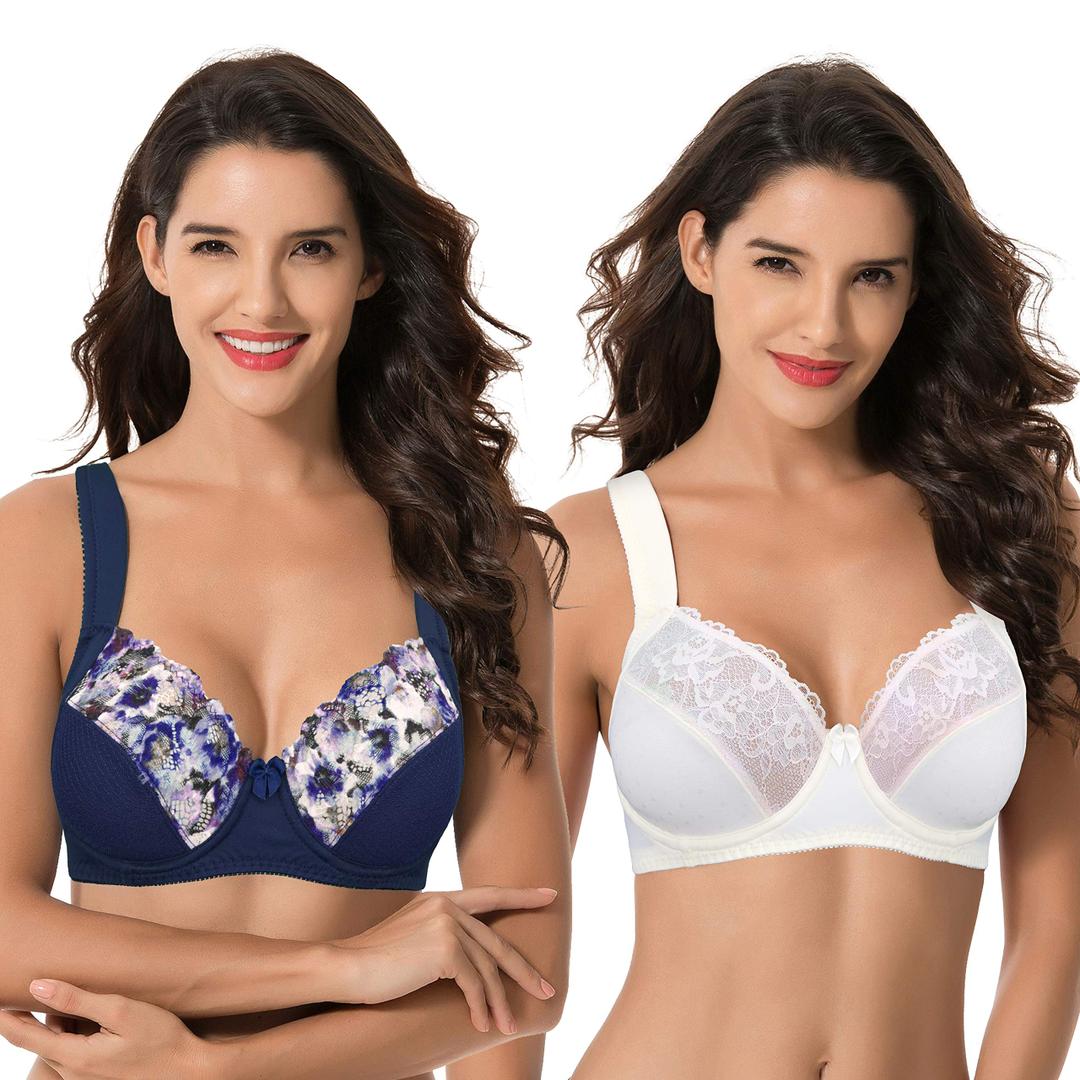 Curve Muse Women's Plus Size Unlined Underwire Lace Bra with Cushion Straps-2PK, 38DD