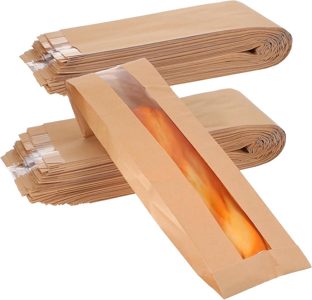 100 Pack Baguette Bread Bags with Clear Window, Long French Bread Bag, Kraft Paper Bakery Storage Bags for Homemade Bread, Pastries, and Snack, 23.22 x 4.33 x 1.57 Inch
