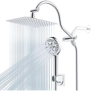 Hibbent All Metal Shower Head, 10'' High Pressure Rainfall Shower Head/Handheld Showerhead Combo with 12'' Adjustable Curve Shower Extension Arm, 10 Sprays, 71'' Shower Hose, Showerhead Holder, Chrome, Square 10