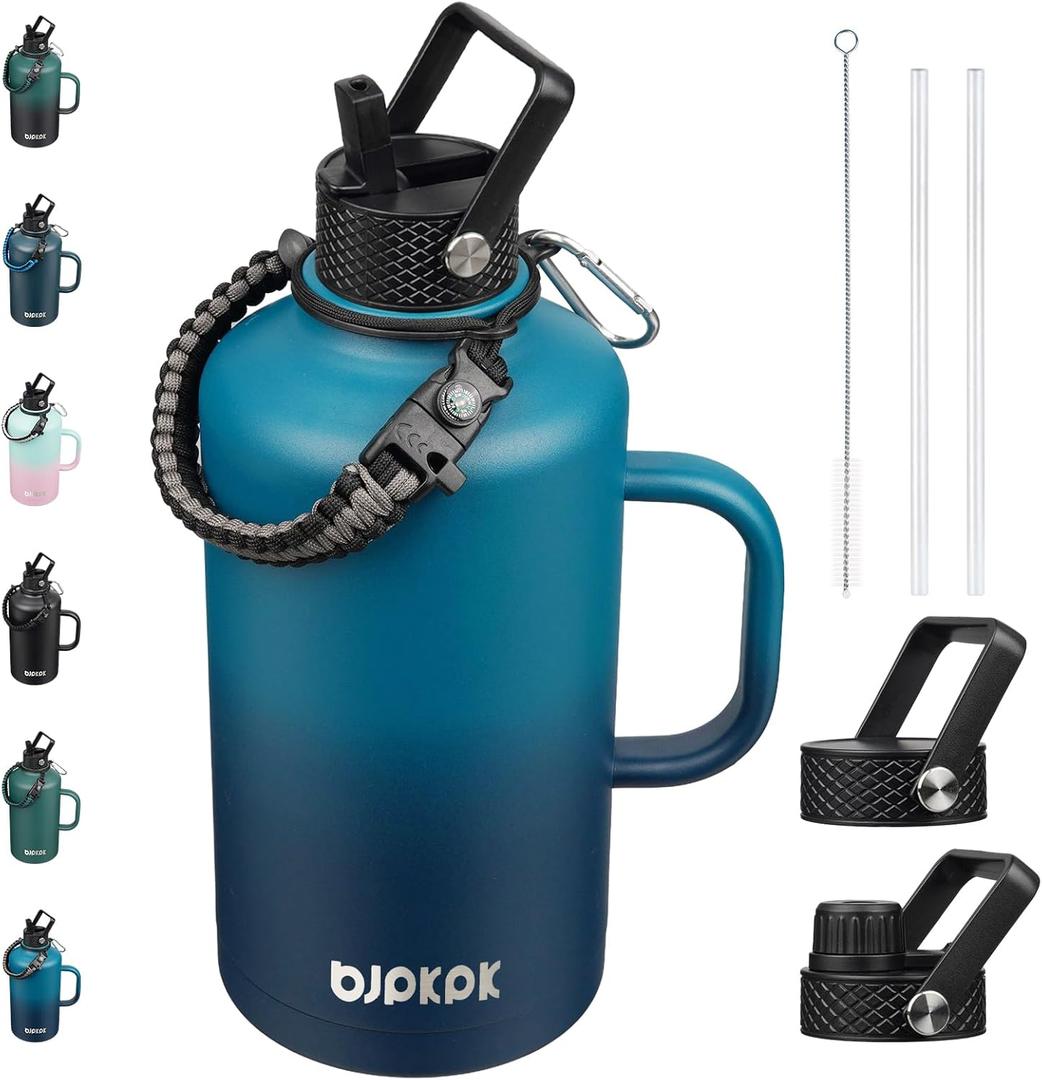 BJPKPK 2/3 Gallon Water Bottle Insulated with Straw Lid, 50oz, 64oz, 87oz, 128oz Large, Stainless Steel Water Bottles with 3 Lids and Paracord Strap, Double Wall Vacuum Metal Water Jug,Vast