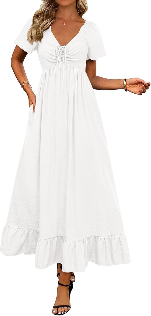 BTFBM Womens Summer Dresses 2026 Casual Short Sleeve V Neck Drawstring Wedding Guest Maxi Dresses Boho Beach Long Dress, Size: Medium