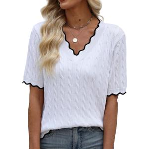 Short Sleeve Sweater for Women V Neck Lightweight Sweaters Tops Fashion Clothing Business Casual Outfits (L)
