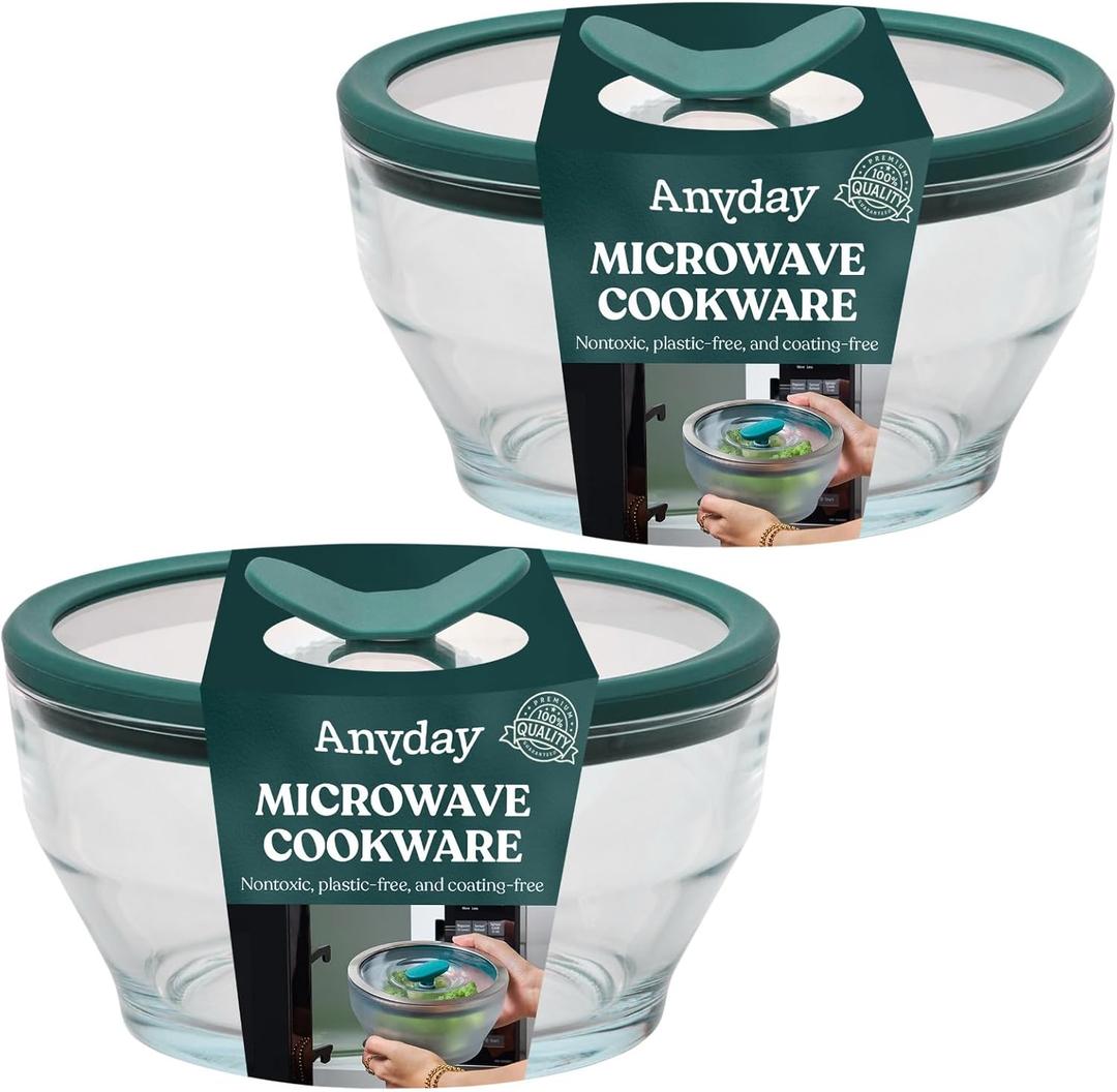 Anyday 2-Pack (4-Cup Deep) Glass Food Storage with Glass Lids | Plastic-Free Meal Prep & Microwave Cookware | Stackable Airtight Storage Container with Vented Lid for Microwave-Safe Reheating