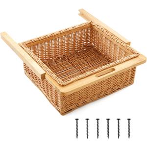 Rustic Wicker Pull out Cabinet Organizer Basket Drawers with Frame and Runners Slide 20" W x 20" l x 8" H for Kitchen Shelf Pantry Storage, Easy DIY Installation