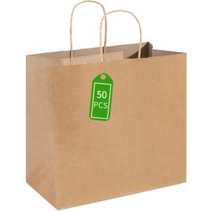 PAICUIKE 50Pcs Large Brown Paper Bags with Handles, 13x7x13 Inch Gift Bags for Business, Shopping, Party, Wedding & Birthday | Natural Brown Kraft Bags for Retail, Merchandise & Events