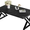 Wolawu Coffee Table Living Room Table Black Center Table, Simple Modern Faux Marble Rectangular Tea Table with Sturdy Black-Finished Metal Frame,Industrial Wooden Coffee Table for Bedroom Home Office