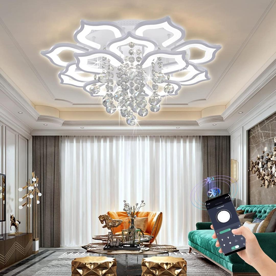 Crystal Flower Ceiling Light,LED Flush Mount Chandelier,16 Petal,31.5in
RGB Backlight,APP & Remote Control,3CCT Dimmable,Timer Function,Luxury Crystal Petal Ceiling Lamp for Living Room Bedroom