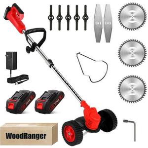 Wood Ranger Weed & Lawn Trimmer,3 in 1 Cordless Grass Trimmer,24V Cordless String Trimmer, Wheeled Weed Eater with 2 Batteries, Electric Lawn Edger Tool Set, 6-Inch Cutting Width(Red)