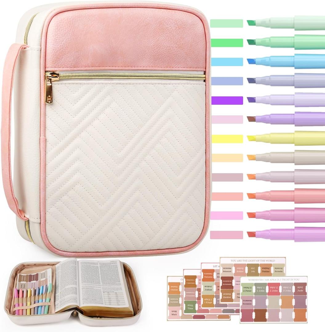 Quilted Vegan Leather Bible Cover, Color-Blocked Bible Cover Case for Women, Bible Carrying Case with Handle, Bible Study Supplies & Christian Gift for Women and Girls (White & Pink, TS/S)