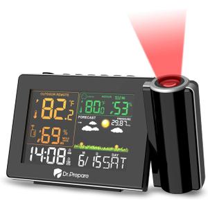 DR.PREPARE Projection Alarm Clock, Adjustable Projection Focus, Wireless Indoor Outdoor Temperature Humidity Monitor, 180° Projector, Snooze, Weather Forecast, Dual Alarms for Bedroom, Heavy Sleeper