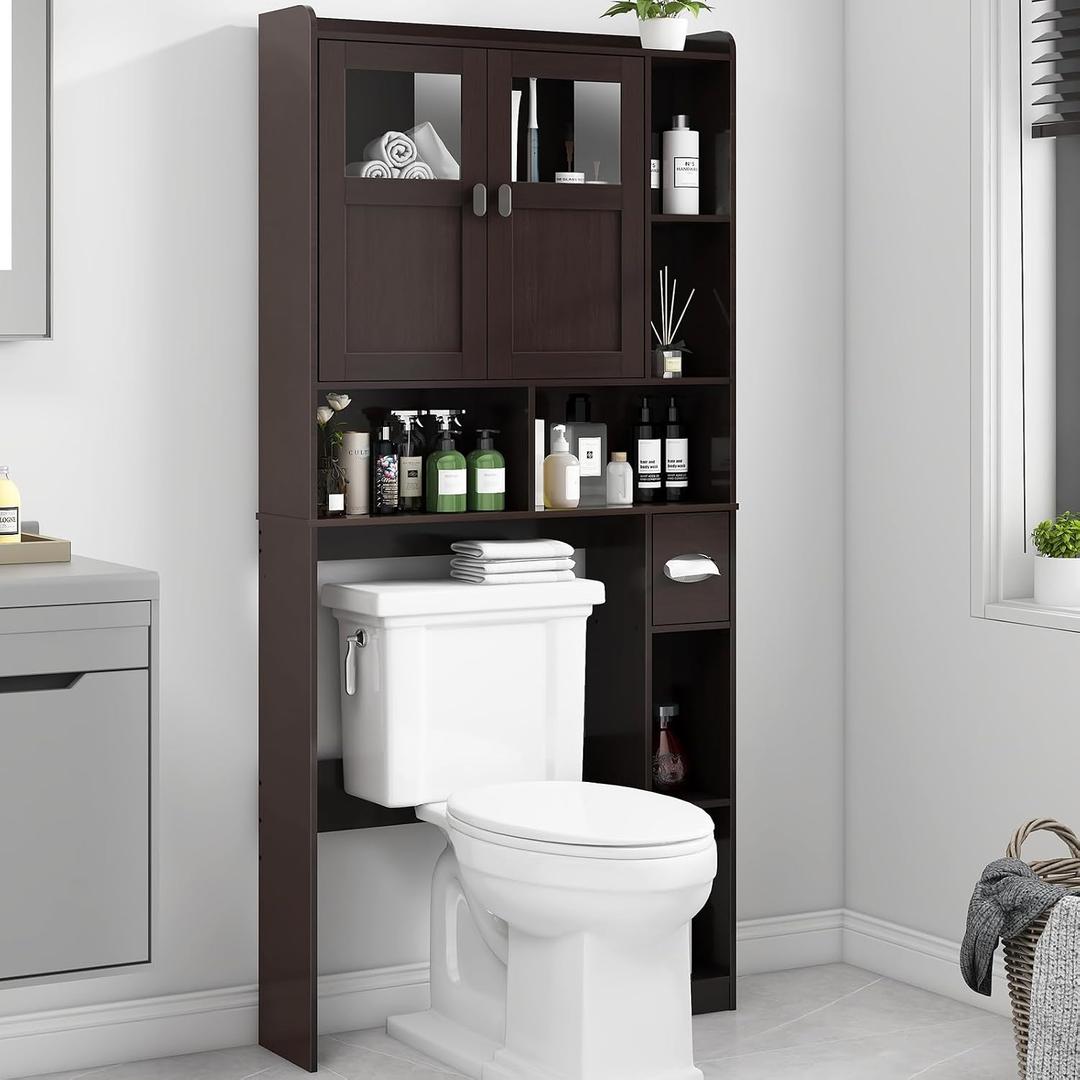 Vabches Over The Toilet Storage Cabinet, Bathroom Shelf Over Toilet with Glass Doors and Adjustable Shelves, Espresso Freestanding Home Space Save Toilet Rack for Restroom, Bathroom, Laundry, W31.69''