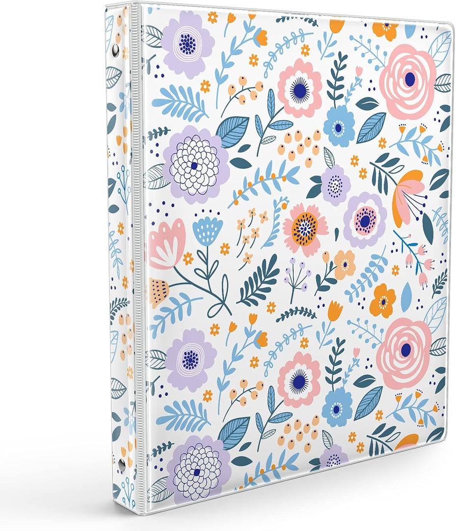 Cute Binder 1 Inch 3 Ring Trapper Keeper Binders with Clear Interior Pockets for Letter-Size(11" x 8.5") Paper,Aesthetic Three Ring Binder for Student and Teachers - Beautiful Flowers