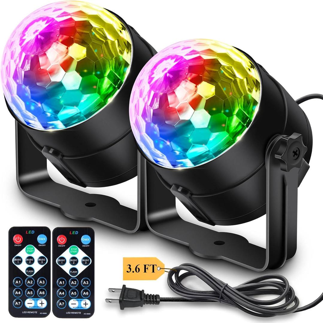 Apeocose 2-Pack Disco Ball Party Lights Sound Activated with Remote Control, 12 Modes Strobe Stage DJ Lights for Home Room Karaoke Dance Party Supplies Birthday Party Decorations White Elephant Gifts (Black)