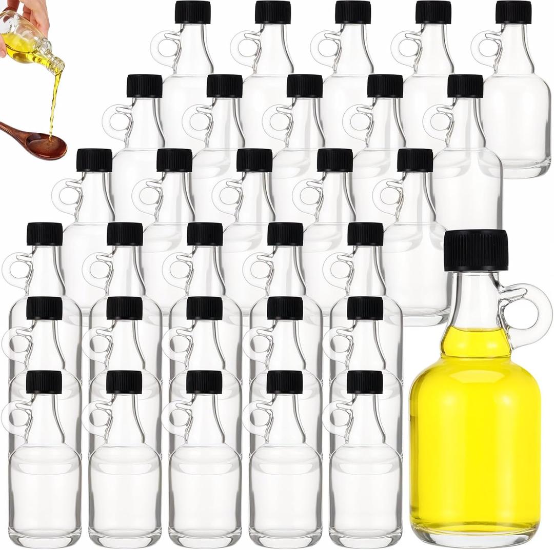Glass Syrup Bottles with Loop Handle, 1.7 oz, 30 Pcs, Plastic Lids, Maple Syrup Stickers