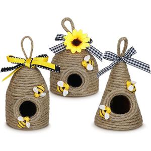 Rustic Bumble Bee Hive Decor - 3 Pack Natural Bee House, Spring/Summer Farmhouse Kitchen Table Tiered Tray Decor