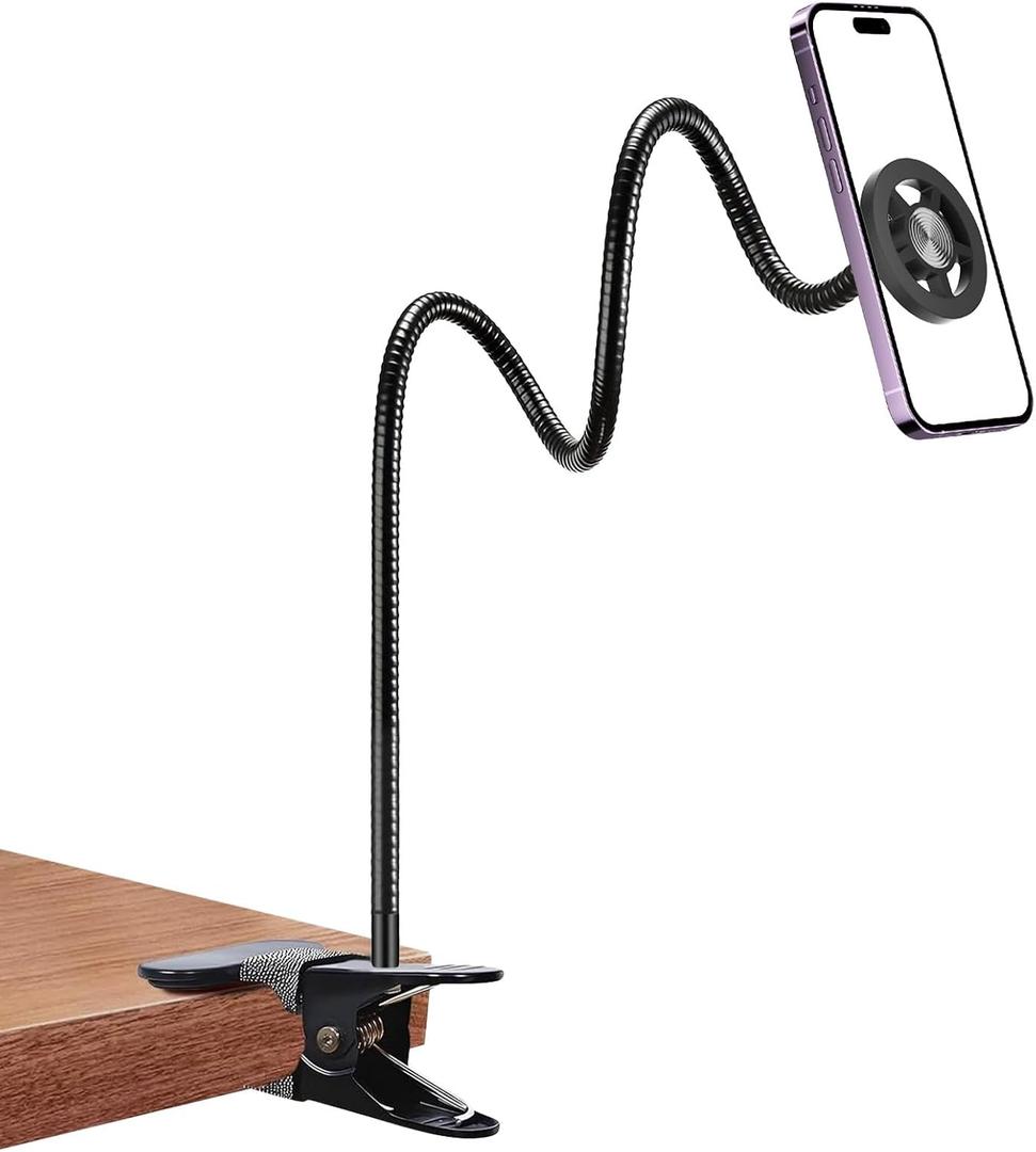 LenTok Magnetic Cell Phone Stand Holder for Bed Laying Down, Lazy Bedside Gooseneck Phone Mount with Clamp Clip for Desk, Desk Tripod for iPhone, Compatible with Magsafe All Smartphone