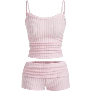 SOLY HUX Women's 2 Piece Outfit Ribbed Knit Cute Camisole and Mini Shorts Set (Pink,Small)