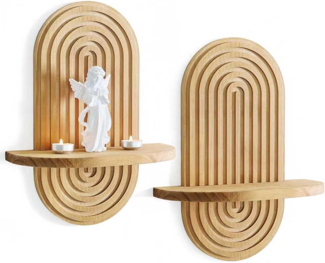 Set of 2 Boho Arched Floating Shelves 15.7x 7.83D Wooden Hanging Shelf for Living Room Bedroom Nursery Mid Century Modern Wall Decor(Brown, 11.7 * 15.7)