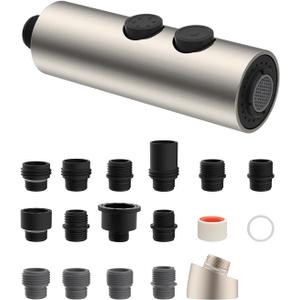 Hibbent Metal Pull Down Kitchen Faucet Head Replacement with 15 Adapters, Sink Spray Head, 2 Function Spray Nozzle Compatible with Moen, American Standard, Delta, Kohler Faucets, Brushed Nickel