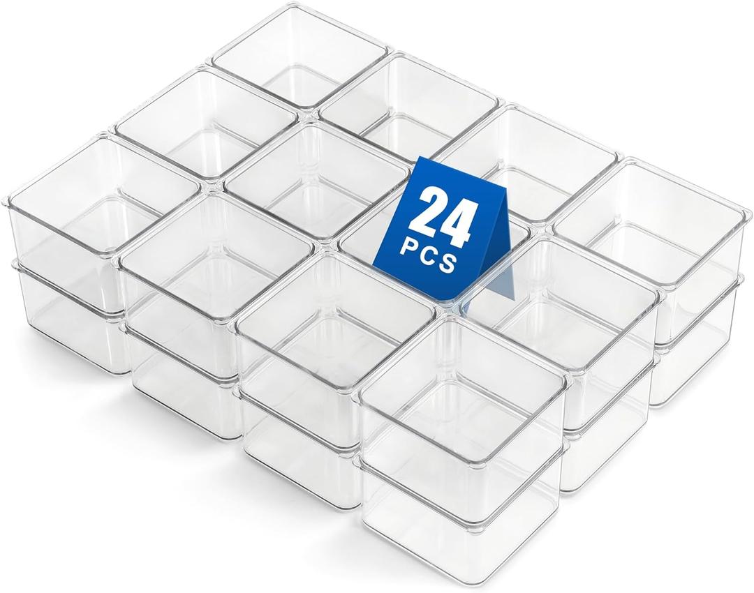 Hudgan 24-Piece Small Plastic Drawer Organizer Bins, Stackable Makeup Vanity and Office Desk Drawer Dividers, 3.5" x 3.5" x 2" Square Trays
