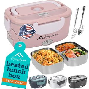 APSARAS USA Electric Lunch Box,3in1 Heated Lunch Box for Adults,60-80W,12/24/110V Portable Lunch Warmer, Leakproof Food Heater for Car/Truck/Office with 304 SS Fork&Spoon&Insulated Carry Bag Pink