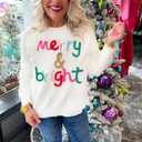 LEMAFER Women 2026 Merry Christmas Round Neck Sequin Letters Sweater Casual Solid Slogan Long Sleeve Pullover Sweatshirt Tops (White, M)