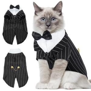 DENTRUN Cat Tuxedo Outfit, Sphynx Cat Costume Formal Suit with Bow Tie, Stylish Cat Shirt Fashion Apparel Fancy Clothes, Kitten Formal Attire Wedding Onesie Costume for Cats Only, M