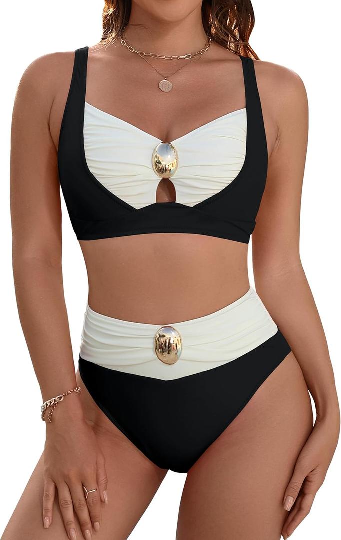 Blooming Jelly Womens High Waisted Bikini Sets Tummy Control Swimsuits Color Block Two Piece Bathing Suit Retro Swimwear (Small)