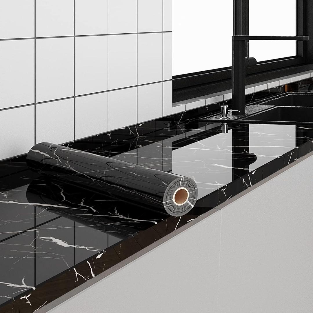 FUKU MON 24"x394" Black Marble Wallpaper Marble Contact Paper for Countertops Peel and Stick Countertops Self Adhesive Waterproof Removable Granite Wallpaper Stick on Kitchen Bathroom (24" x 394")