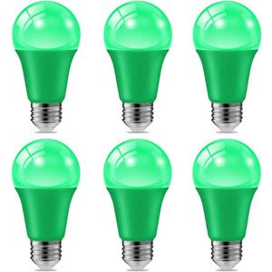 haraqi 6 Pack 9W (60W Equivalent) 120V E26 Base A19 LED Colored Light Bulb, Green LED Lights for Party Christmas Decor and Halloween Lighting