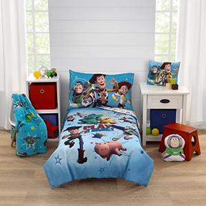 Disney Toy Story It's Play Time Blue, Green, Red, and Yellow, Woody and Buzz 4 Piece Toddler Bed Set - Comforter, Fitted Bottom Sheet, Flat Top Sheet, and Reversible Pillowcase Missing Pieces