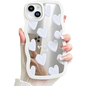 LSL Case for iPhone 14 Plus Glossy Mirror White Hearts Pattern | Protective Cover Slim Lightweight Trendy Design for Women & Girls Curly Wave Edge