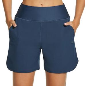 HODOSPORTS Women's 5'' High Waisted Swim Board Shorts with Pockets Liner Quick Dry Swimsuit Bottoms Trunks (S, Navy)