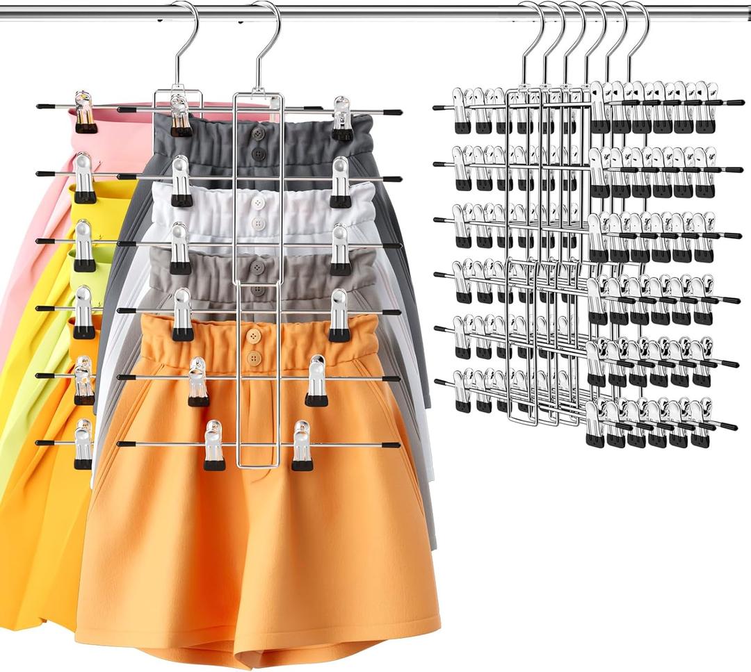 6 Pack Pants & Skirt Hangers Space Saving Hanging Closet Organizer and Storage, Upgrade Skirt Hangers with Clips and 360 Swivel Hook, Closet Storage