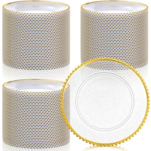 Hoolerry 100 Pack Clear Charger Plates Bulk 13 Inch Acrylic Round Dinner Charger Plates Beaded Frosted Grain Dinner Decorative Dishes for Wedding Party Events Home Kitchen Tabletop(Gold,Beads), approx. 13 inch