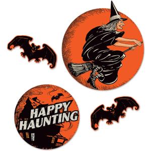 Beistle 4 Piece Vintage Halloween Cut Outs - Retro Haunted House, Witch And Bat Indoor Decorations For Home And Office