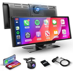 Podofo Wireless Carlay Portable Car Stereo, 9.3 Inch HD IPS Carplay Screen with Android Auto, 2.5K Dash Cam, 1080P Backup Camera, Loop Recording, 64G TF Card, Navigation, Dual Bluetooth, AUX/FM