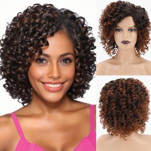 XIUFAXIRUSI XIUFAXIRUSI Short Ombre Brown Curly Wigs for Black Women Short Afro Kinky Curly Bob Wig Natural Looking Synthetic Full Hair Wig