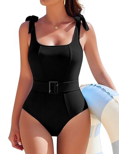 AI'MAGE Women's One Piece Swimsuit 2025 Tummy Control Swimsuits Slimming Bathing Suits Belted Swim Suit Swimwear,Black,L