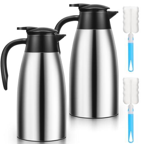 Essenya 2 PCS 68 OZ Thermal Coffee Carafe, Insulated Stainless Steel Coffee Carafe Double Walled Vacuum Thermal Pot Flask with Brushes Thermos for Keeping Hot Coffee Tea Home and Office (Silver)