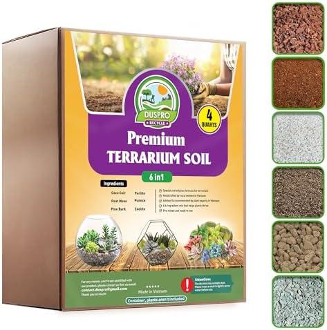 DUSPRO Recycle Premium 6in1 Terrarium Soil Mix – Pre-Mixed Terrarium Substrate Mix for Terrariums, Balanced Moisture Growing Medium with Coco Coir, Peat Moss, Pine Bark, Perlite, Pumice & Zeolite 4QRT