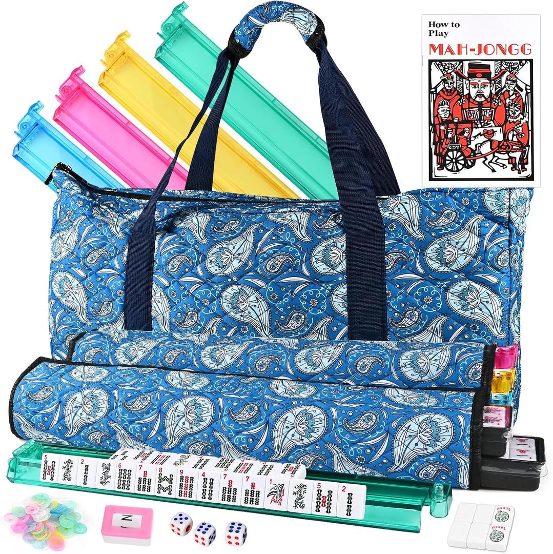 Goldge American Mahjong Tile Set – 166 White Tiles, 4 All-in-One Color Racks with Pushers, 3 Dice, Portable Blue Carrying Bag – Complete Mahjong Game Set – Blue