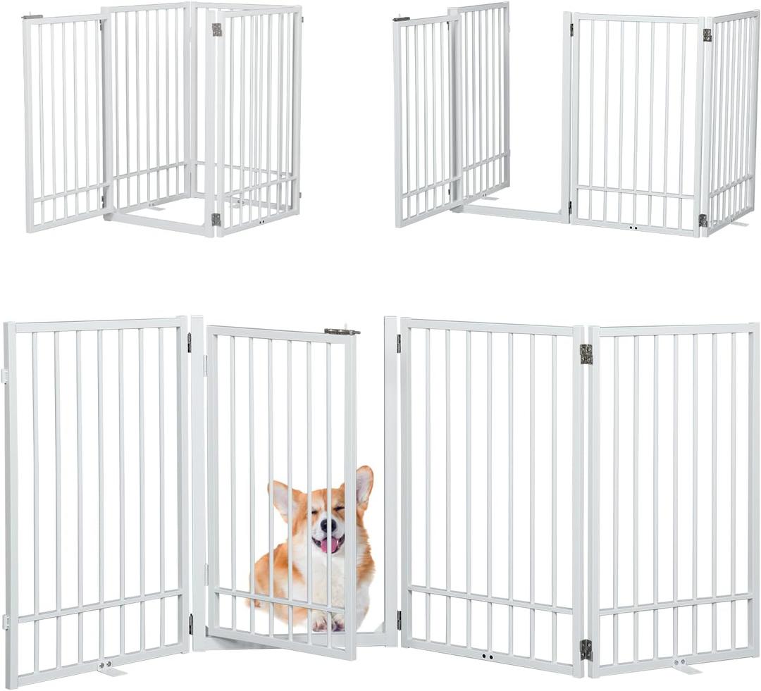 SMONTER Free Standing Dog Gate with Door Walk Through, 80.5'' Extra Wide Indoor Dog Fence, 31.5'' H 4 Panels Foldable Metal Pet Puppy Gate for Stairs, Hallways, Doorway, White